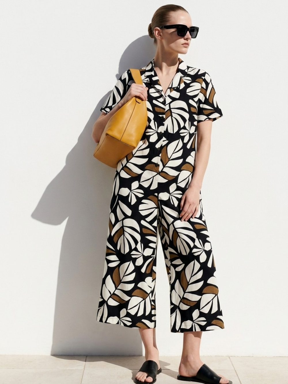 Tabitha Black, White & Tan Leaf-Print Wide-Leg Jumpsuit